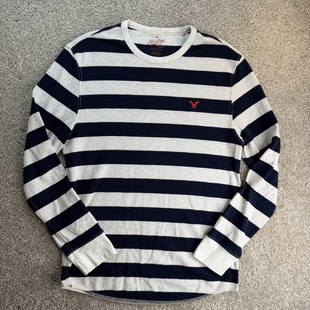 American Eagle Outfitters Shirt Mens Large Blue Striped Thermal Long Sleeve